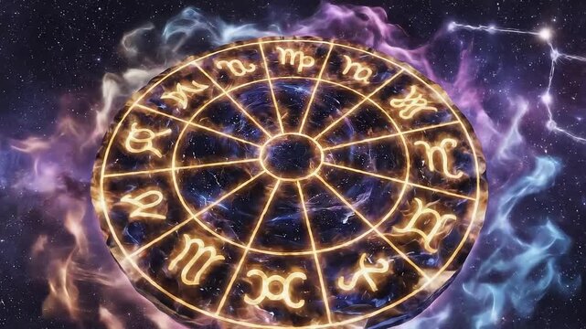 An animated astrological zodiac wheel with golden glowing symbols spins against a backdrop of a vibrant cosmic nebula and stars, representing destiny and the universe