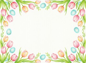 Watercolor tulip and blue egg floral frame with central white space
