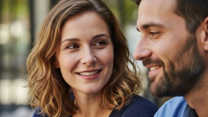 Obraz premium A smiling couple enjoying a romantic moment together outdoors