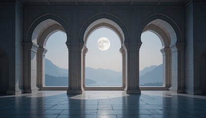 Ornate stone arcade frames a serene nighttime mountain and water vista under a full moon
