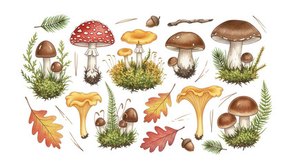 Watercolor mushroom and moss collection. Forest botanical elements for autumn nature illustration.