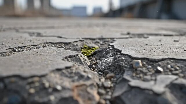 Close-up view of a cracked and damaged concrete surface with small green plants growing between fractures