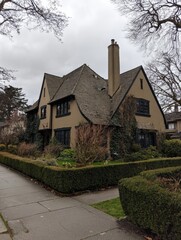 Classic two-story house with dark roof, a chimney, and a lush garden on a cloudy day