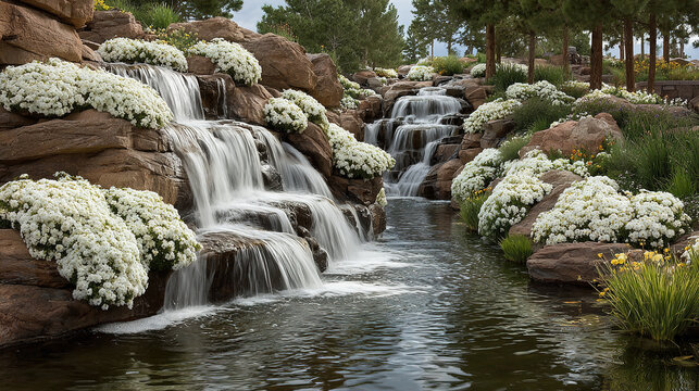 Multiple waterfalls flowing over rocks surrounded by lush greenery and white flowers.