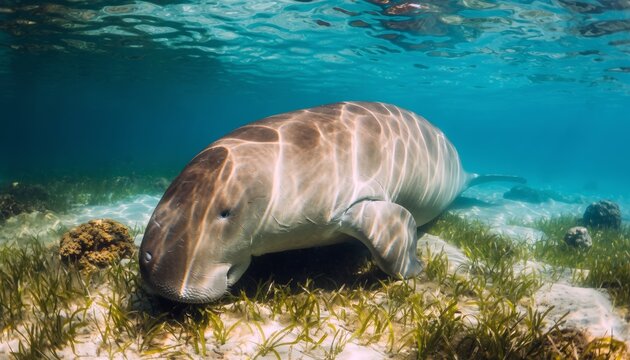A large dugong gracefully swims over a vibrant green seagrass bed in clear, sunlit tropical ocean waters.