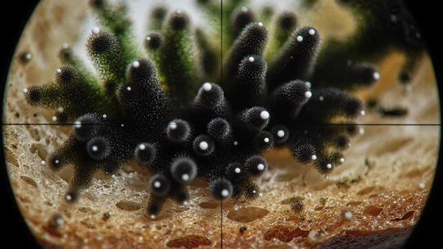 close up of bread with mold in crosshairs, decaying food and microbes under microscope.