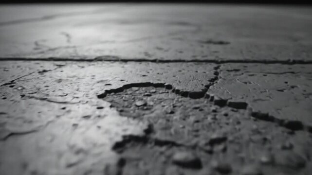 Low angle close-up of a damaged, weathered, and cracked concrete surface on a sunny day