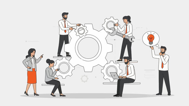 Teamwork Concept: Diverse People Collaborating on a Gear Mechanism