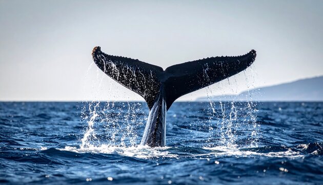 A whale's dark, fluked tail arches above the blue ocean surface, water cascading