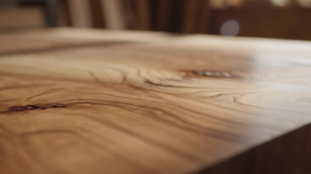 Close up view revealing the texture and grain patterns of a solid wooden tabletop surface in natural light