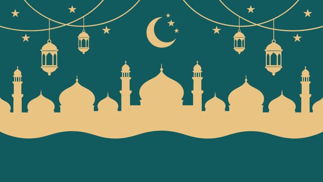 Ramadhan Night Skyline with Mosque Silhouette and Crescent Moon Graphic Illustration