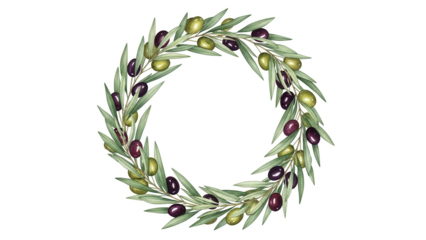Watercolor olive branch wreath. Mediterranean style greenery frame for italian restaurant menu.