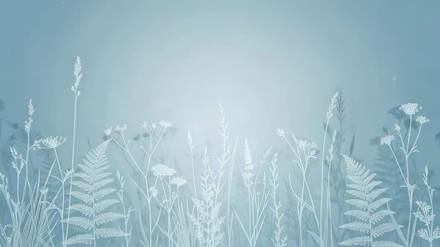 Fading pastel blue background with delicate moving field grass and fern outline for nature themed digital design