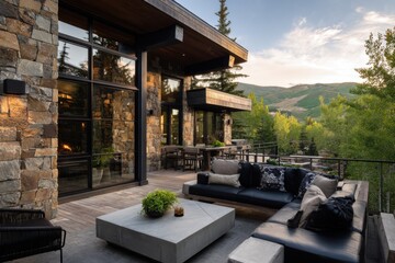 Obraz premium Modern stone house with outdoor seating in a wooded area near hills during sunset, showcasing natural surroundings and architectural design