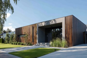 A contemporary house featuring stylish wooden accents is beautifully complemented by lush green landscaping, all set in a vibrant suburban neighborhood during the bright hours of the day