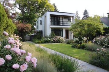 A contemporary house featuring a vibrant garden filled with colorful flowers graces the front yard, all basking in the warmth of a bright, sunny day.