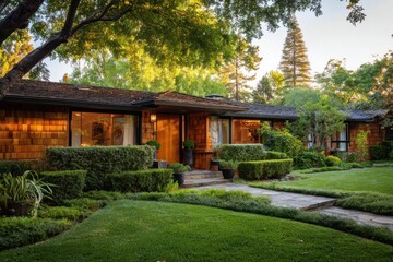 Obraz premium A charming wooden house nestled in a serene residential neighborhood, surrounded by a vibrant garden, basks in the warm glow of late afternoon sunlight that delicately filters.