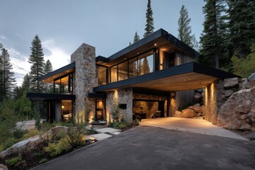 Naklejka premium Modern house design with large windows and stone features located in a wooded area during twilight showing lights illuminating the structure and surrounding landscape