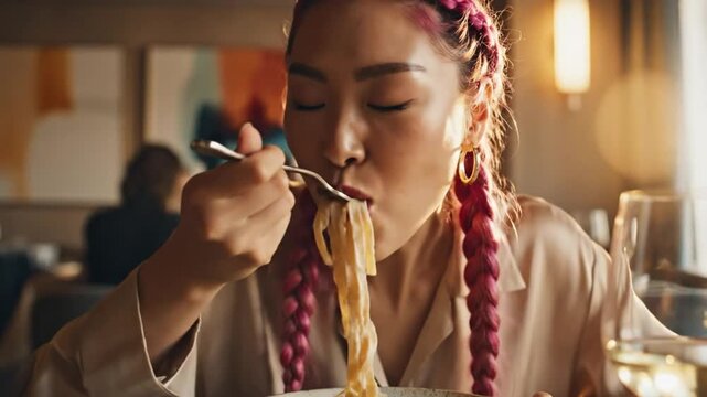 Woman savoring delicious pasta with creamy sauce at a fancy restaurant enjoying a delightful dining experience