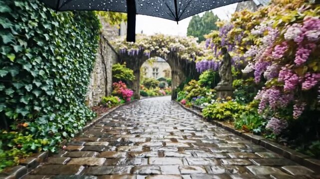 Rainy cobblestone pathway with blooming wisteria under an umbrella leading to archway and garden