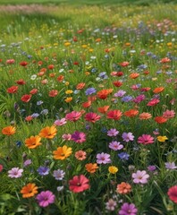 Colorful flowers blooming in a lush green meadow ,  colorful,  blooms,  spring