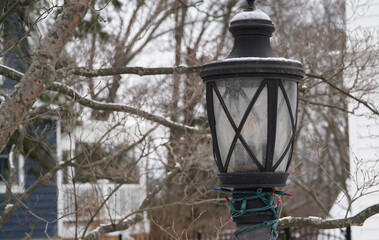 Traditional black metal lamp post lantern in a park or garden with trees in the background for outdoor lighting and urban landscaping.