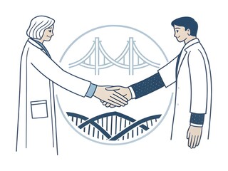 International Pharmacists Day Logo with Doctor and Patient Hands Holding DNA Bridge