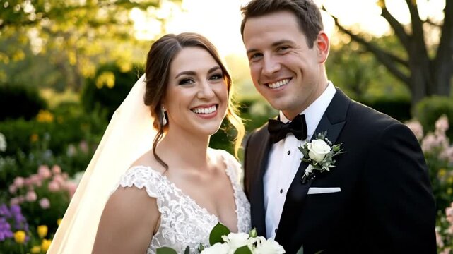 Happy newlywed couple posing for a wedding portrait in a garden with the sunset in the background