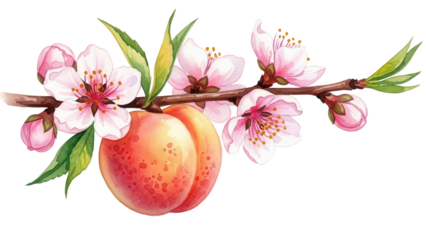Watercolor peach fruit and blossom branch. Sweet summer food illustration for jam label and kitchen decor.
