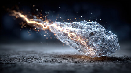 A lightning bolt strikes a large piece of ice on the ground.