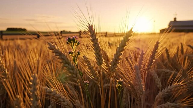 Golden sunset illuminating a wheat field with a rustic barn and wooden fence silhouetted in the distance