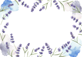 Traditional watercolor illustration of delicate lavender sprigs and purple florets framing a bright white copy space, showcasing botanical beauty and tranquility atmosphere