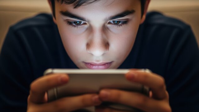 A young boy intently focuses on his smartphone while lying down. - Powered by Adobe