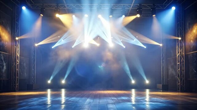 Illuminated stage with spotlights and l frame, creating a vibrant and dynamic atmosphere.