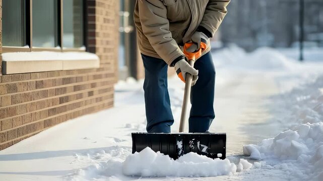 Man shoveling snow from path near brick building. Winter home maintenance for pathway clearing and safety.