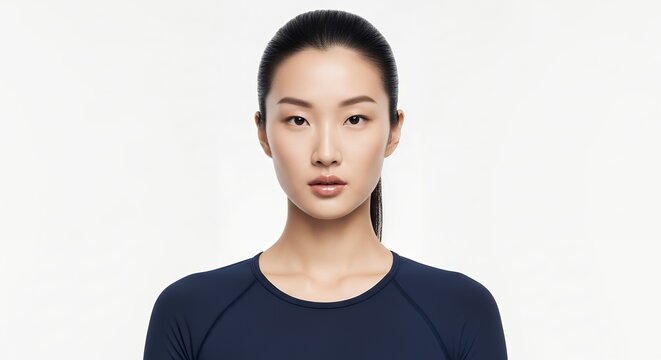 Serious Asian Woman with Ponytail in Dark Blue Top Looking Directly at Camera.