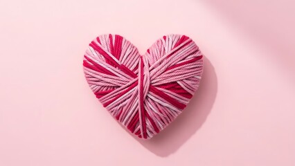 A heart-shaped object with pink and white stripes is centered on a soft pink background, viewed from directly above.