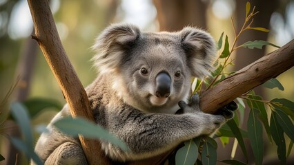 Obraz premium A koala rests comfortably on a eucalyptus branch, surrounded by soft green foliage.