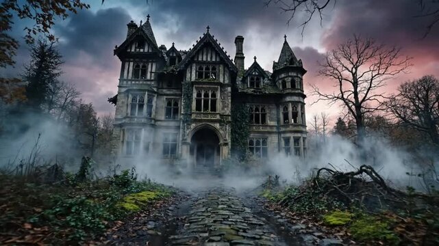 Spooky haunted mansion with cobble stone pathway in the dark atmosphere under a dramatic sky with fog and trees