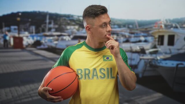 Man in brasil jersey holding basketball, finger to lips and hand on ball, studio portrait with marina backdrop; team pride contemplation.