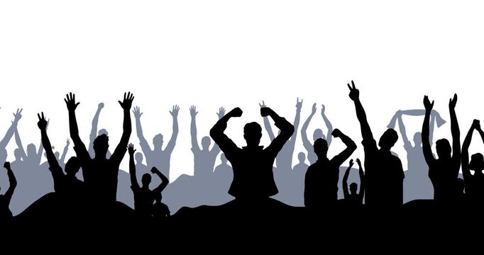 Group of cheering fans. Dark silhouettes of crowd of people with raised hands. Audience celebrates and rejoices at event, party or concert. Flat animated graphics