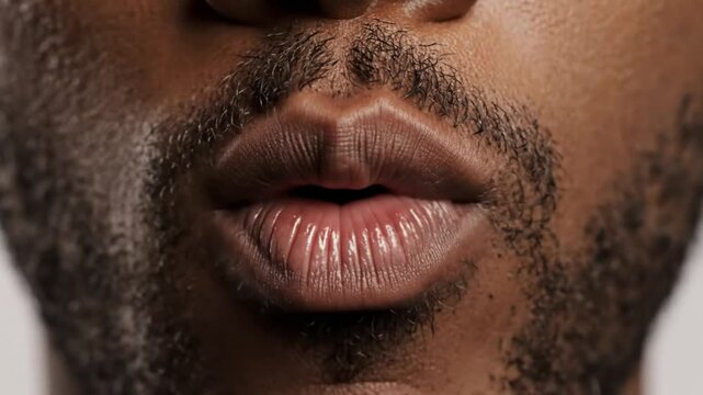 Close-up of a man's mouth blowing a kiss, showcasing lips and beard detail against a soft background
