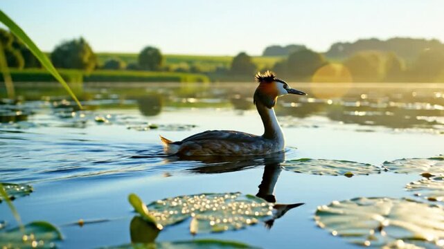 Graceful great crested grebe gliding on calm water with reflections of sunlight during sunrise in nature
