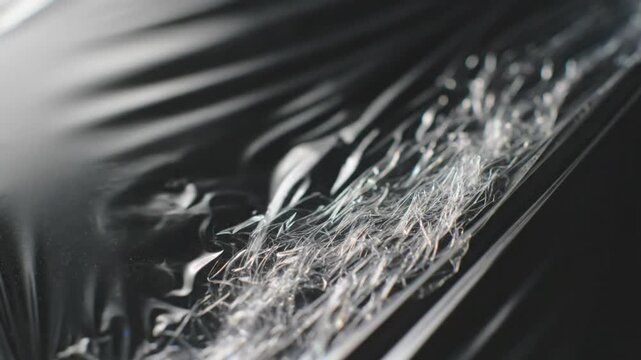 Close-up of clear plastic wrap texture with light reflections and detailed creases against a dark background.