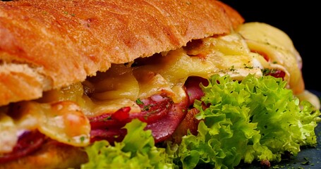 Warm Crispy Bacon With Melted Cheese, Indulgent Gourmet Sandwich With Fresh Greens And Smoky Glaze