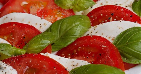 Colorful Sliced Tomato Cheese Basil Dish, Bright Tomato Fresh Mozzarella With Basil And Olive Oil