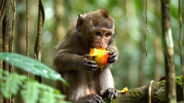 Cute macaque monkey eating a juicy yellow and red mango fruit in a lush green jungle environment
