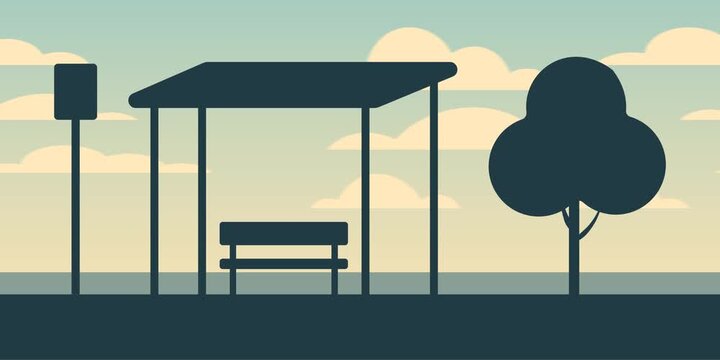 Bus terminal shelter. Long roofed shelter silhouette with a simple bench beneath and a nearby route sign pole. Single street tree adding balance to the scene.