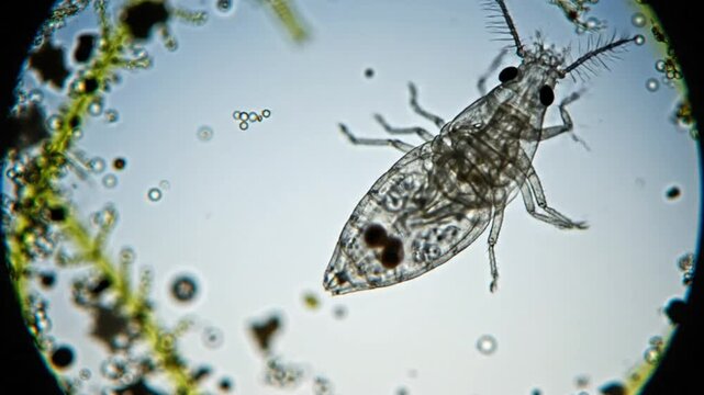 Microscopic view of a transparent insect under a microscope lens showing inner body details