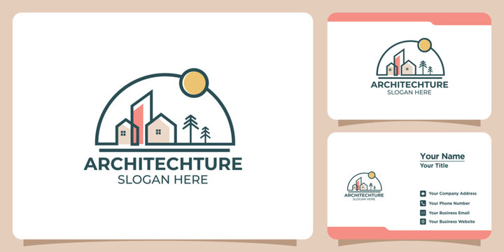 Architecture Logo Template with Modern House Skyline Pine Trees and Sun in Semi Circle Frame